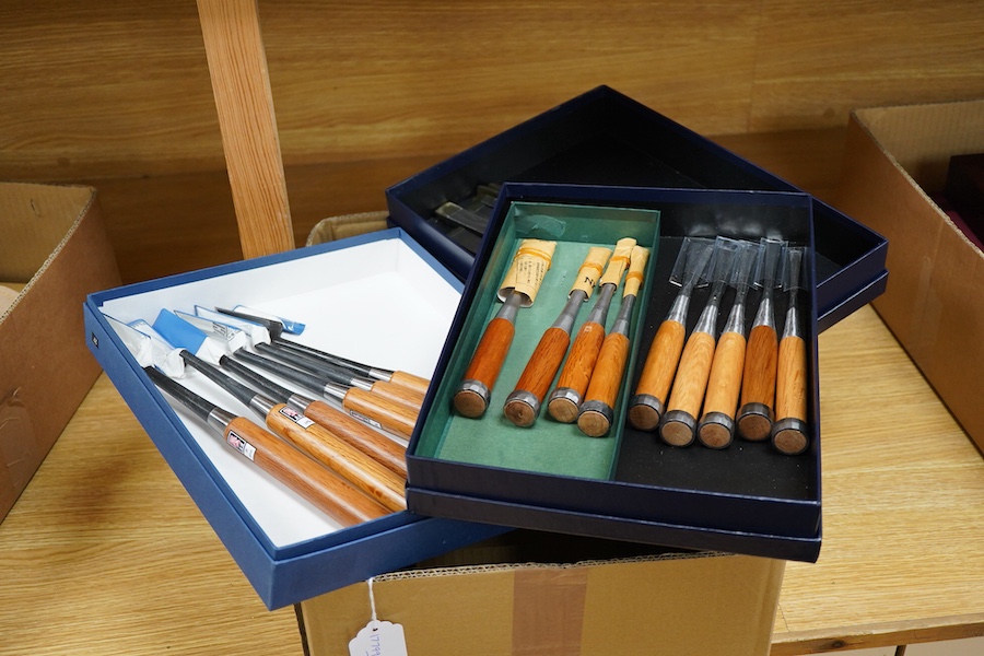 Four sets of Japanese chisels, including a set of six Kote Nomi cranked neck trowel chisels, a set of seven mortise chisels, and two other cabinetmakers sets (22 in total), plus two Japanese hammers/mallets
